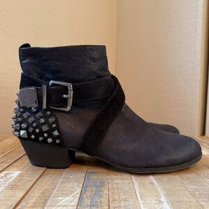 Vince Camuto Marvin Black Ankle Boots with Gunmetal Buckle & Studded Heel